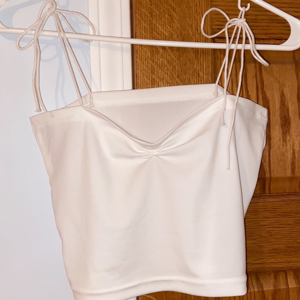 Cropped Ruched Tank Top w/ Tie Straps